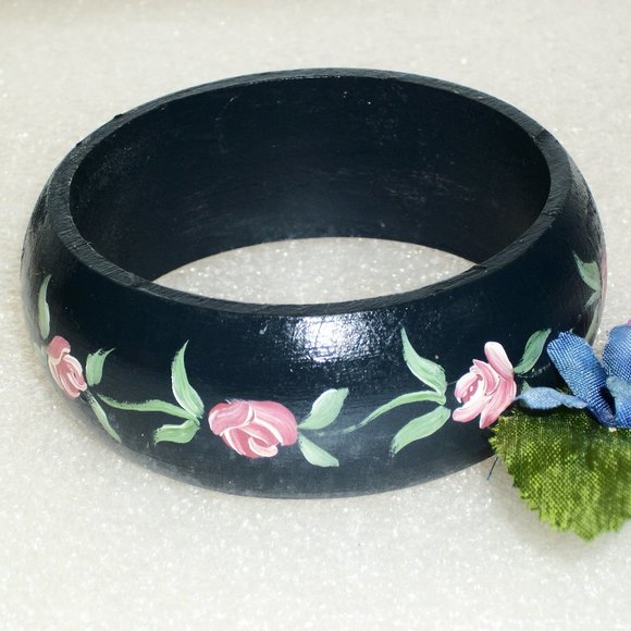 ❄️HP❄️2 Vintage Wooden Bangle Bracelets Hand Paint - Picture 2 of 4